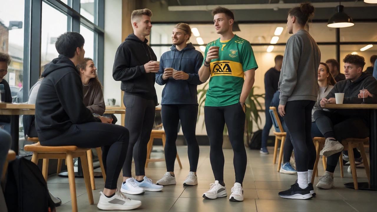 People in stylish athleisure and GAA jerseys relaxing in a bright modern Dublin cafe.