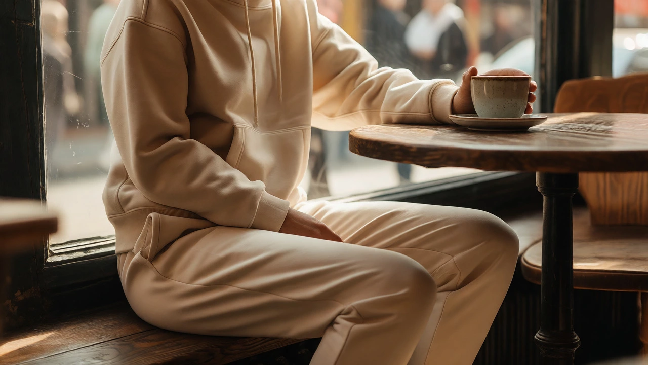 Person in comfortable activewear enjoying coffee in a Dublin cafe