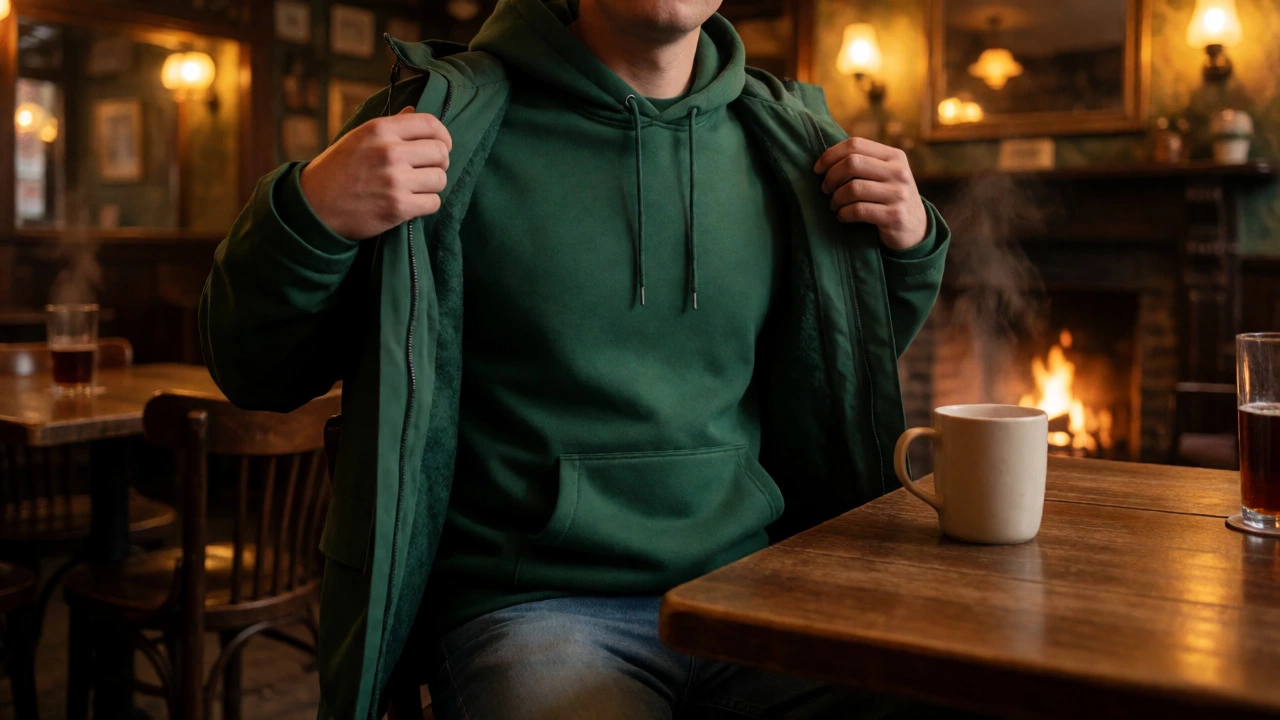 Person relaxing in a Dublin pub wearing a green hoodie