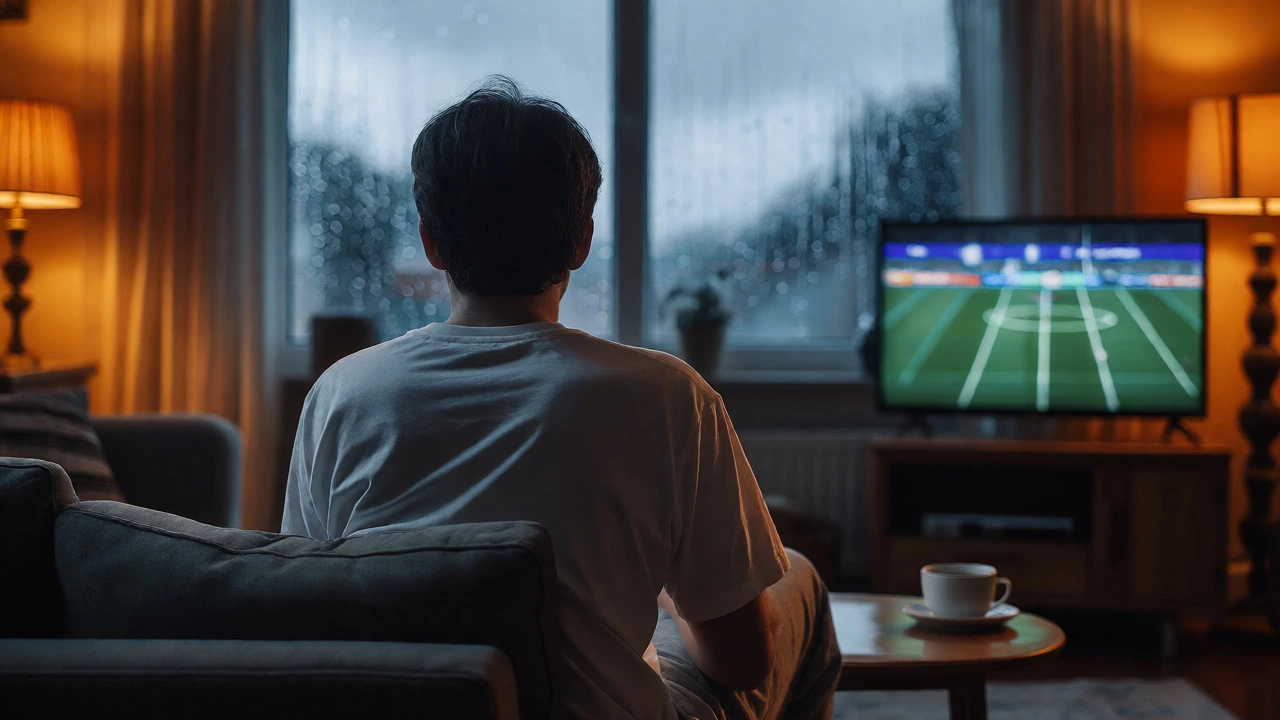 Person relaxing in an oversized tee while watching TV on a rainy day