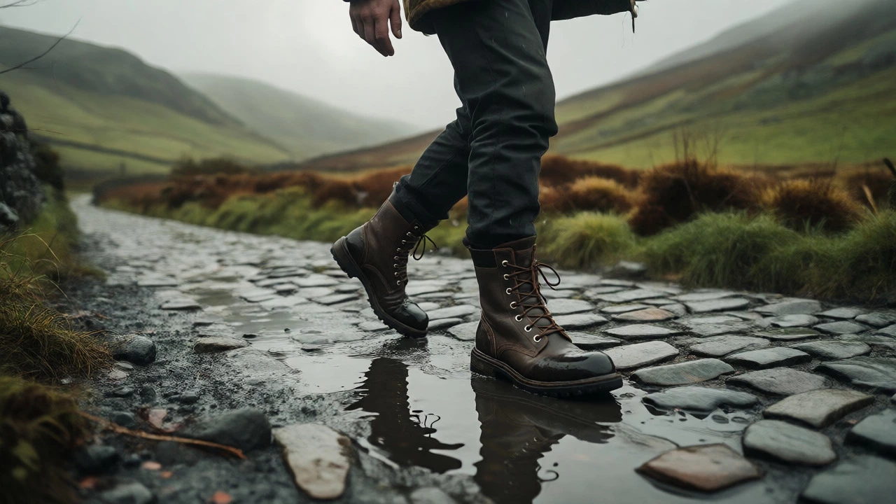 Person walking in leather boots through misty, wet Connemara landscape