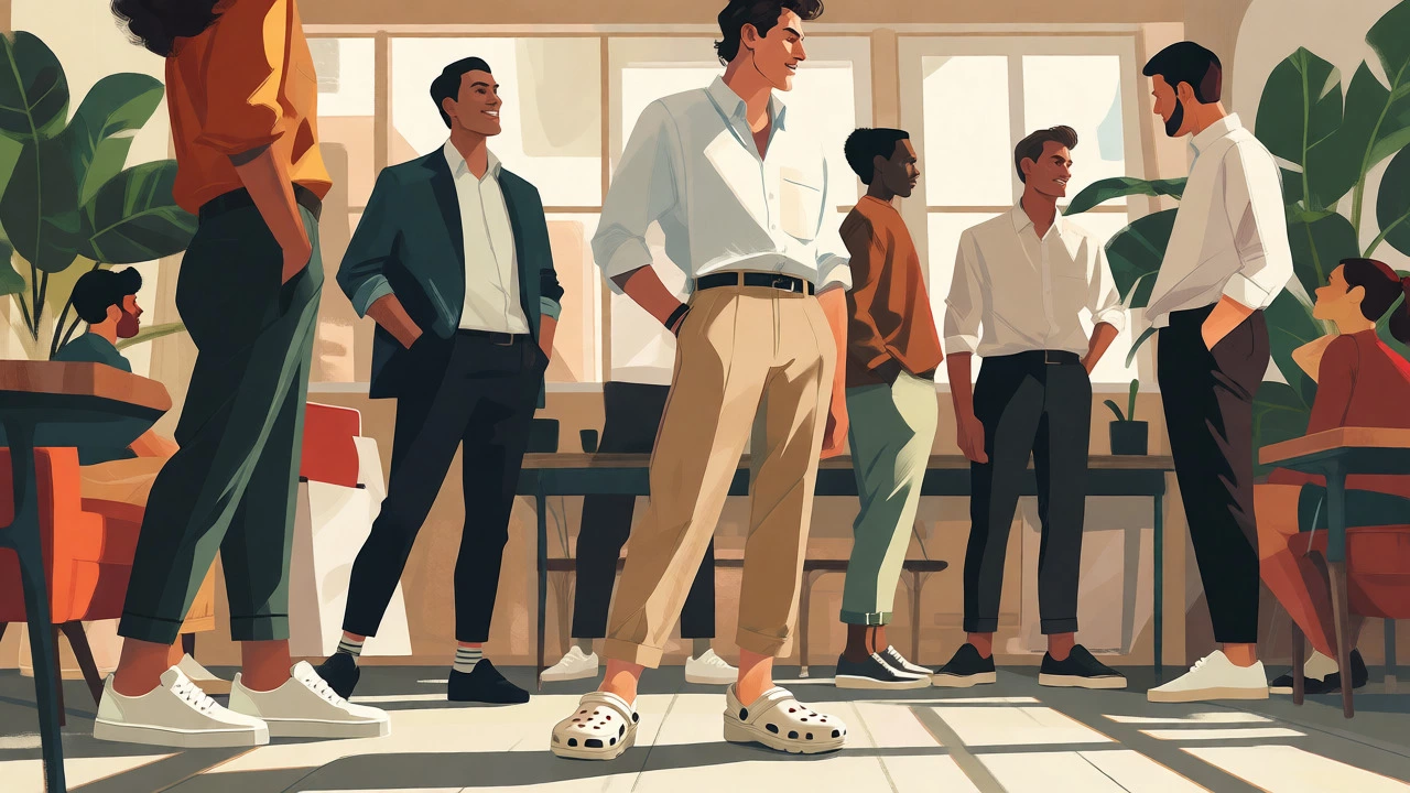 Professionals in casual attire including neutral Crocs