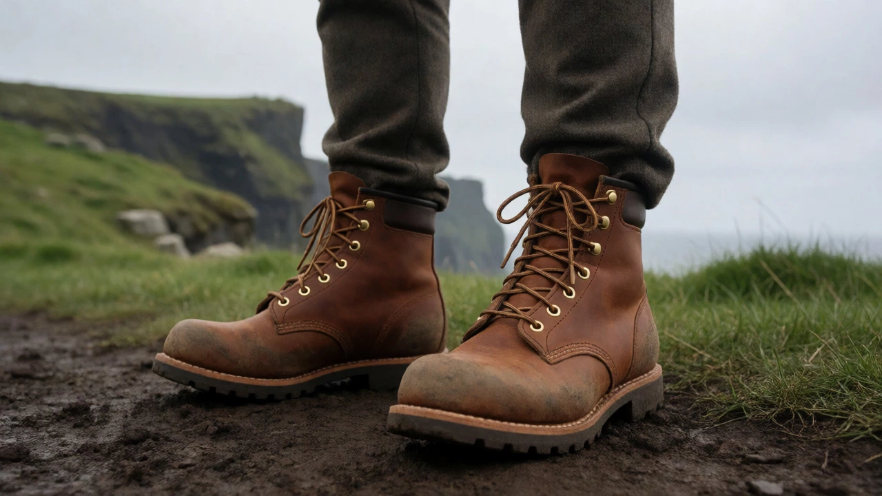Red Wing boots on muddy Irish coastal terrain