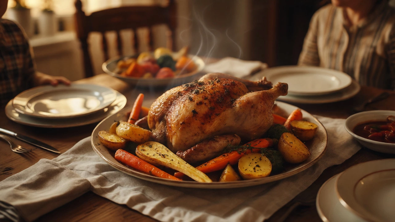 Roast chicken with root vegetables served on a family dinner table