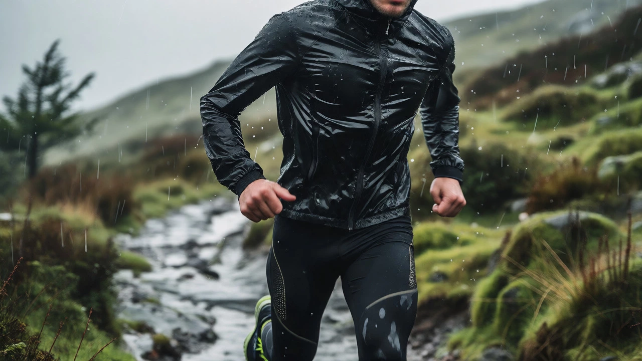 Runner in high-performance gear on a rainy trail in the Wicklow Mountains