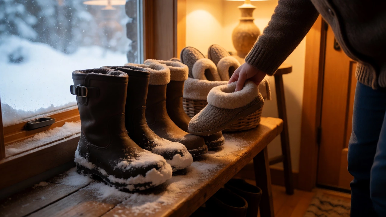 Snowy boots removed at a Canadian home entryway next to wool slippers.