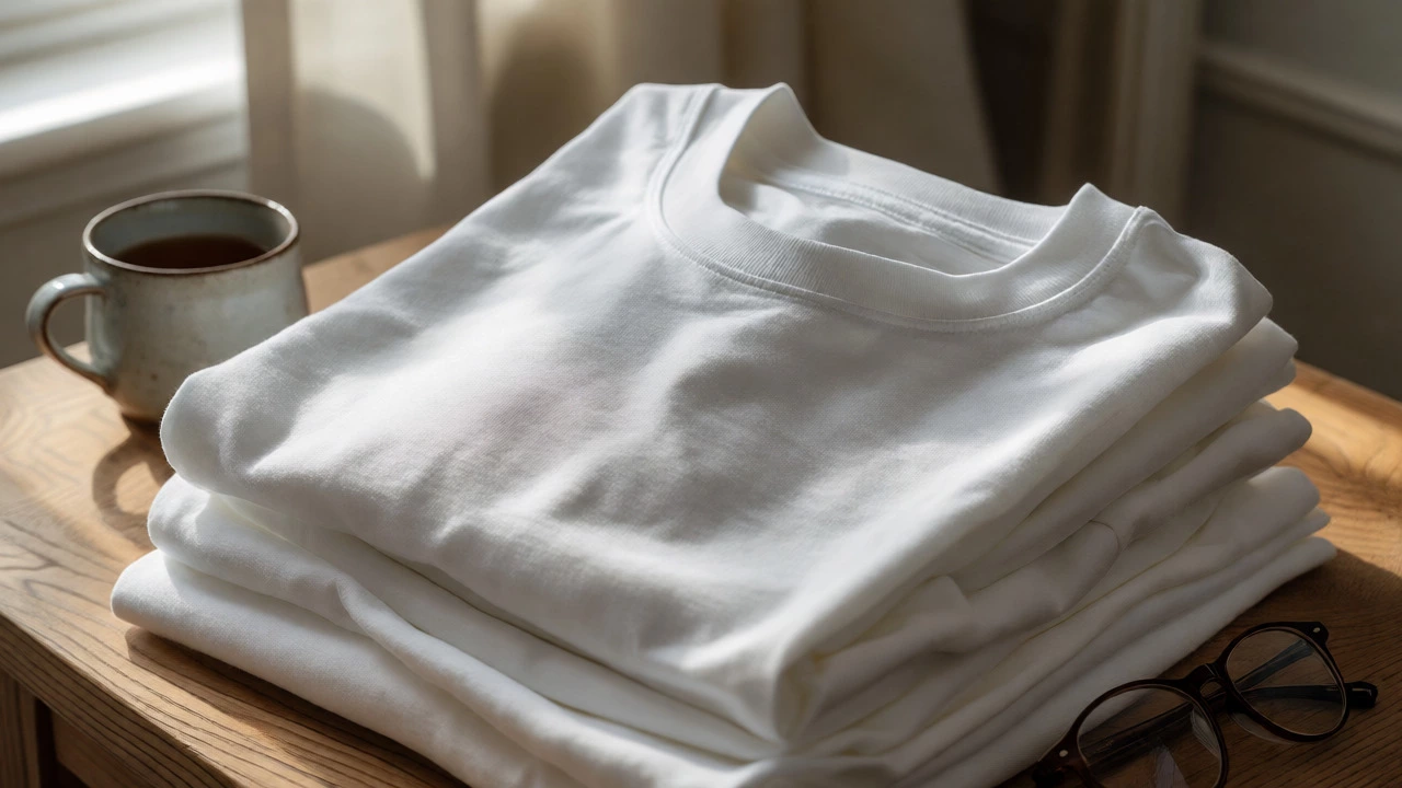 Stack of folded heavyweight cotton t-shirts on a wooden table
