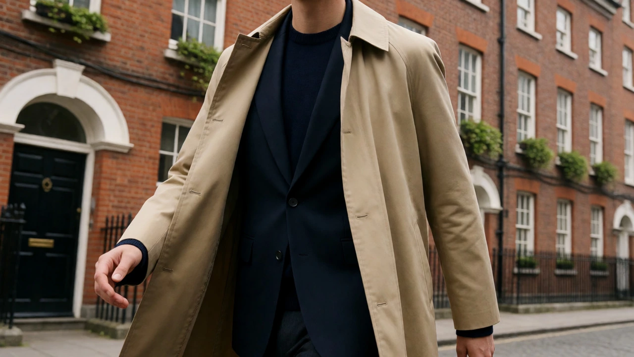 Stylish figure in a trench coat and blazer walking through Dublin streets.