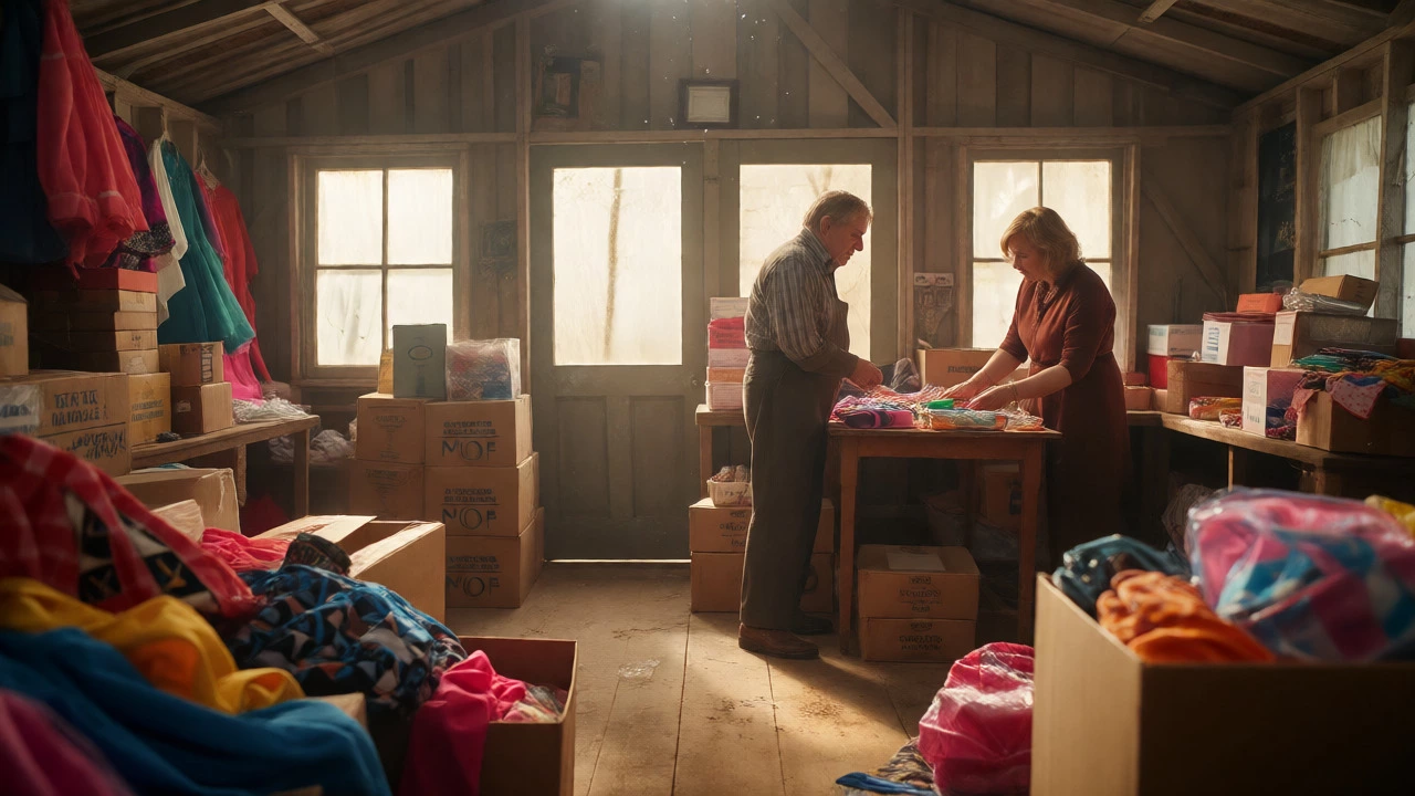 The Middleton family's humble garden shed office filled with party supply boxes and inventory.