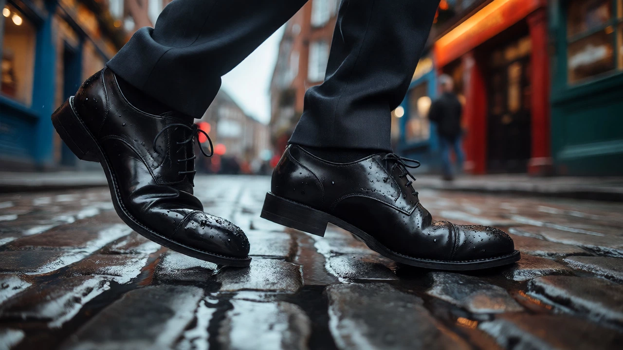 Walking in wet leather shoes on Dublin cobblestones, demonstrating dynamic fit.