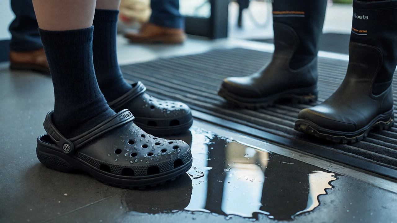 Wet Crocs and rain puddle on office entrance mat