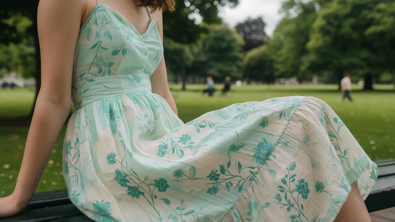Woman in mint green sundress sitting in Phoenix Park
