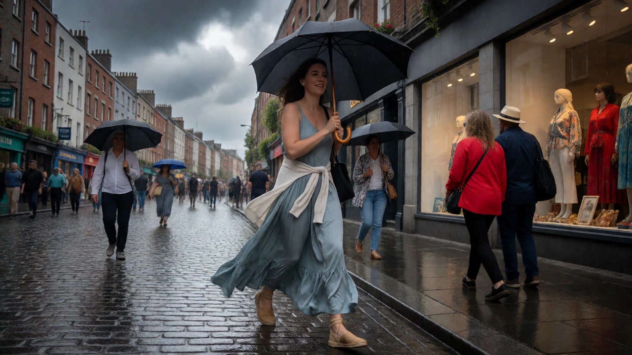 Woman with umbrella walking on wet Dublin street during rain