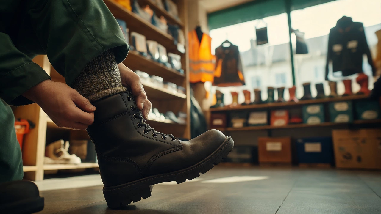 Worker trying on leather safety boots inside a specialty supply store