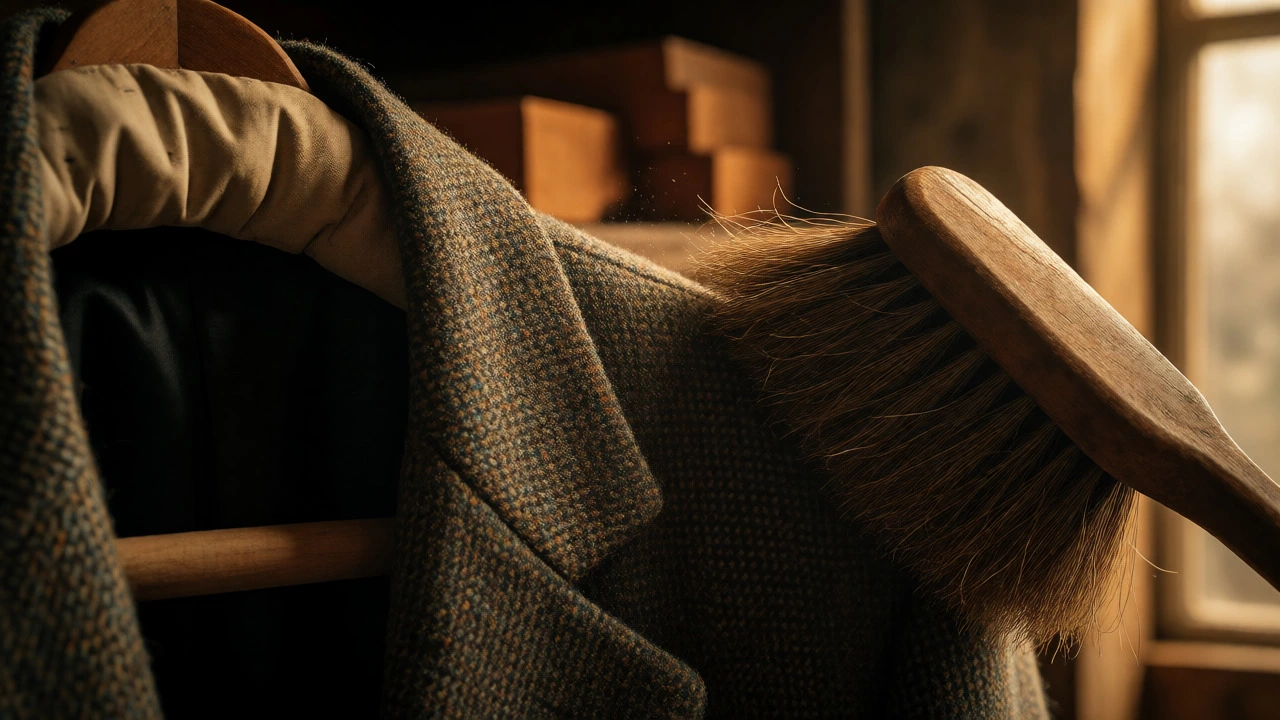 Brushing dust off a tweed suit on a wooden hanger