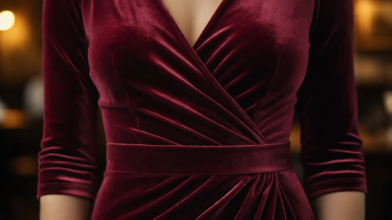 Burgundy velvet wrap dress with ruched midsection detail