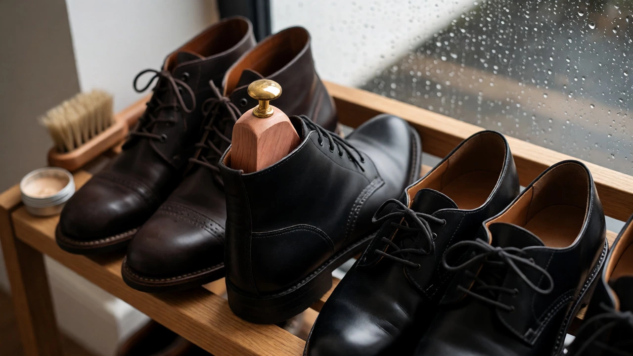 Cedar shoe trees inside leather boots near a rainy window