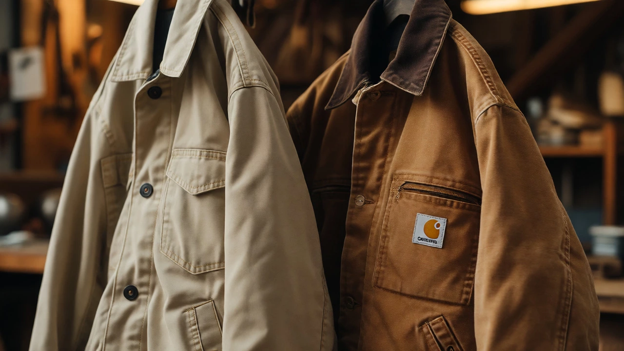 Close-up comparison of Dickies poly-cotton and Carhartt canvas fabrics