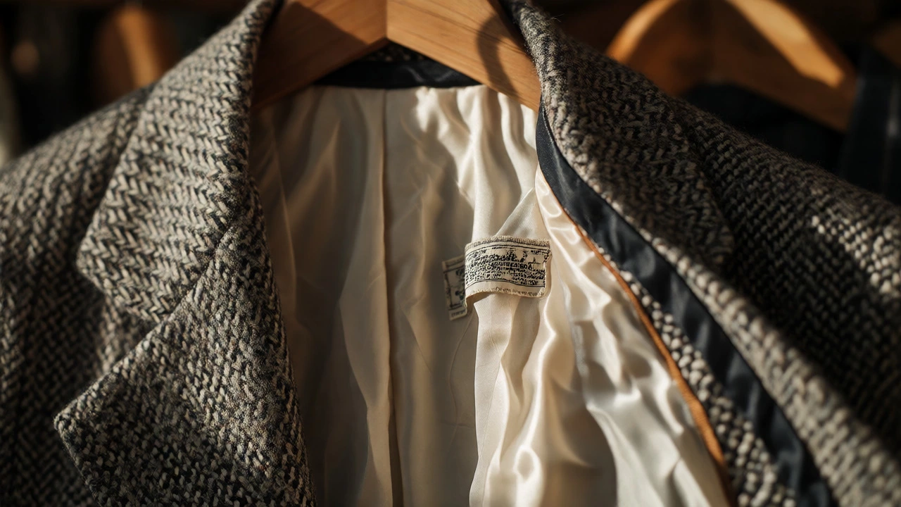 Close-up of a tweed blazer's interior showing woven label and rayon lining.