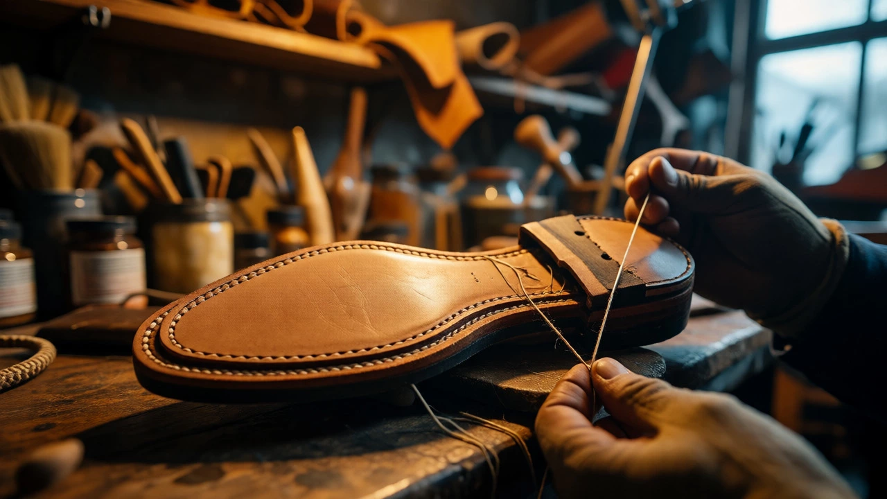 Close-up of Goodyear welt stitching on a shoe sole