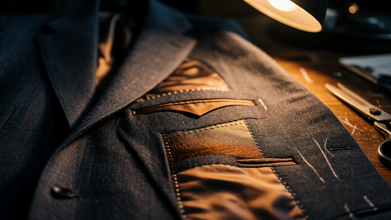 Close-up of hand-stitched lapel and canvas lining in a bespoke suit tailoring workshop.