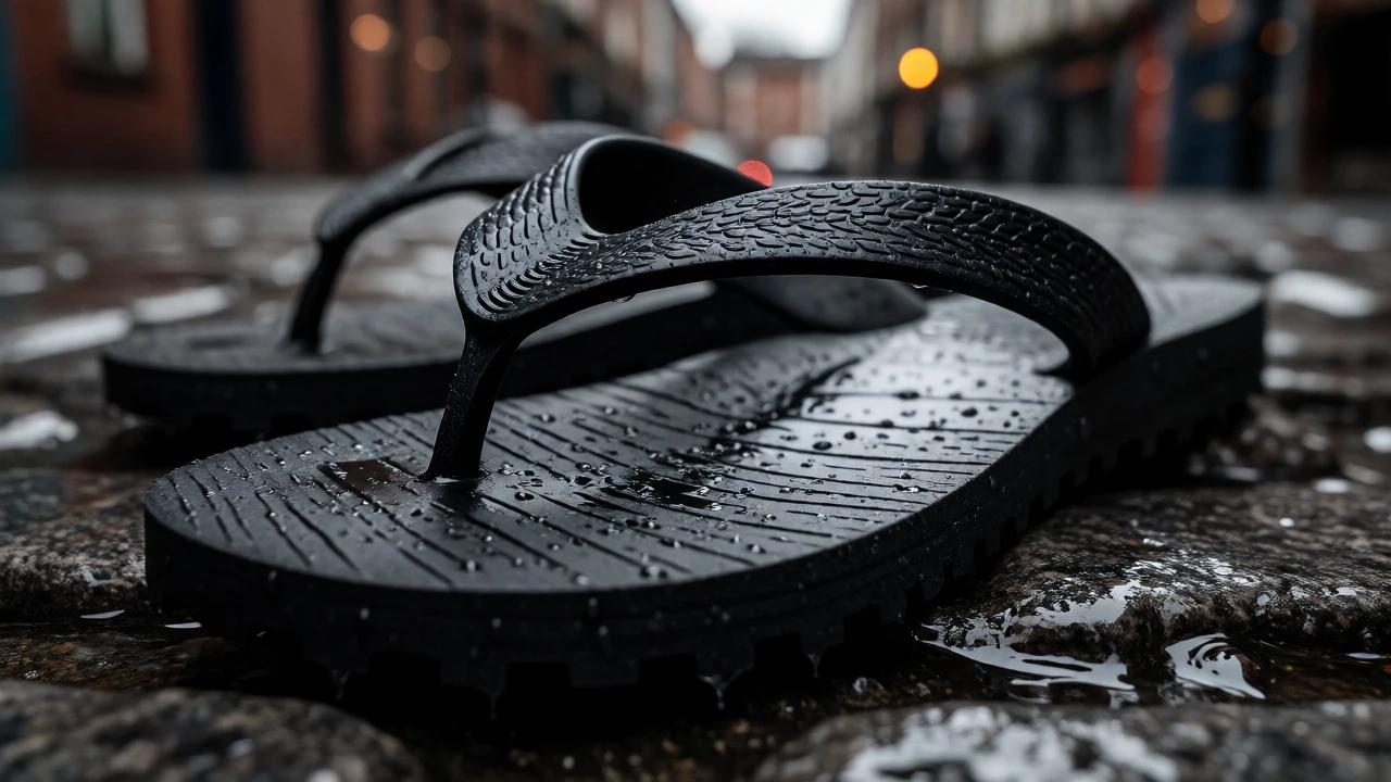 Close-up of rubber flip-flops on wet Dublin cobblestones