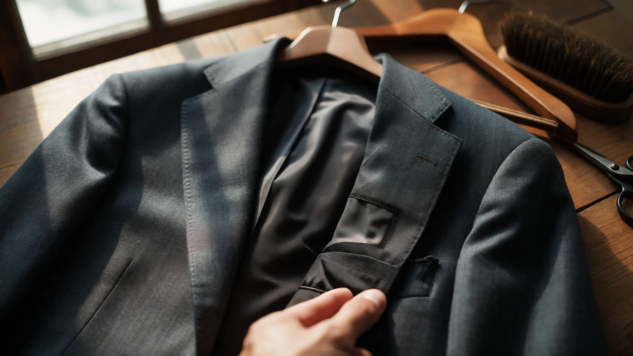 Close-up of textured wool suit fabric and tailoring details