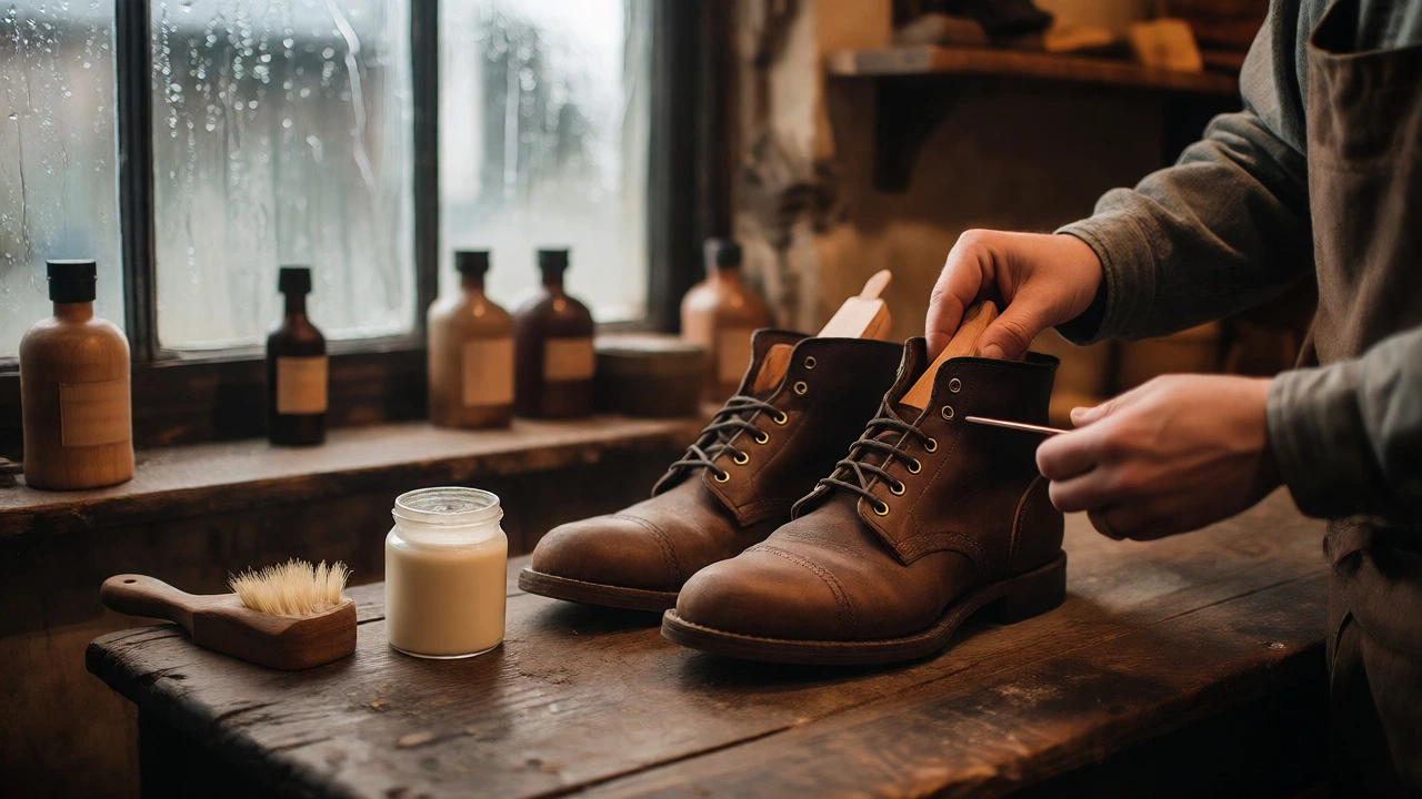 Cobbler inserting cedar shoe trees into leather boots indoors