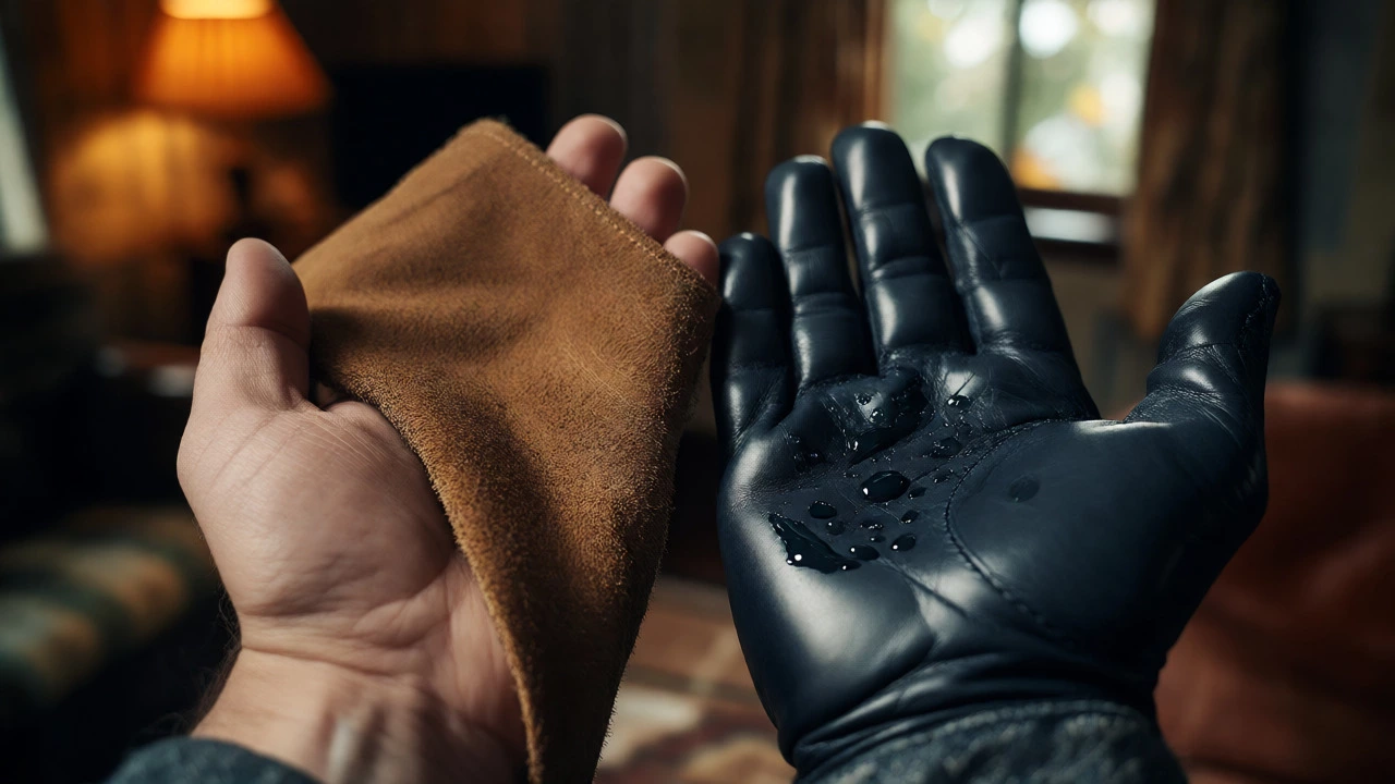 Comparison of suede and smooth calfskin textures with water droplets