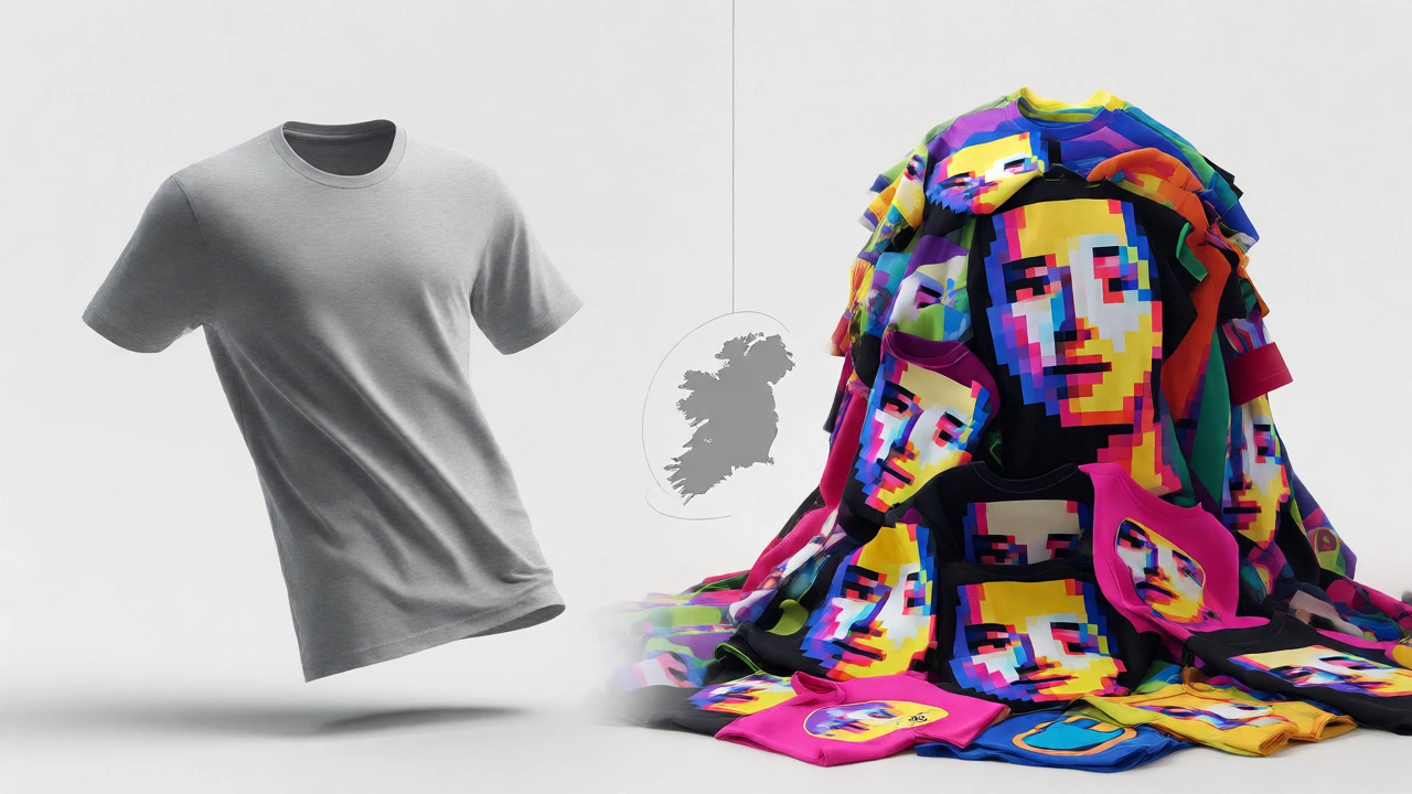 Conceptual split image comparing a plain grey tee with a pile of colorful novelty shirts.