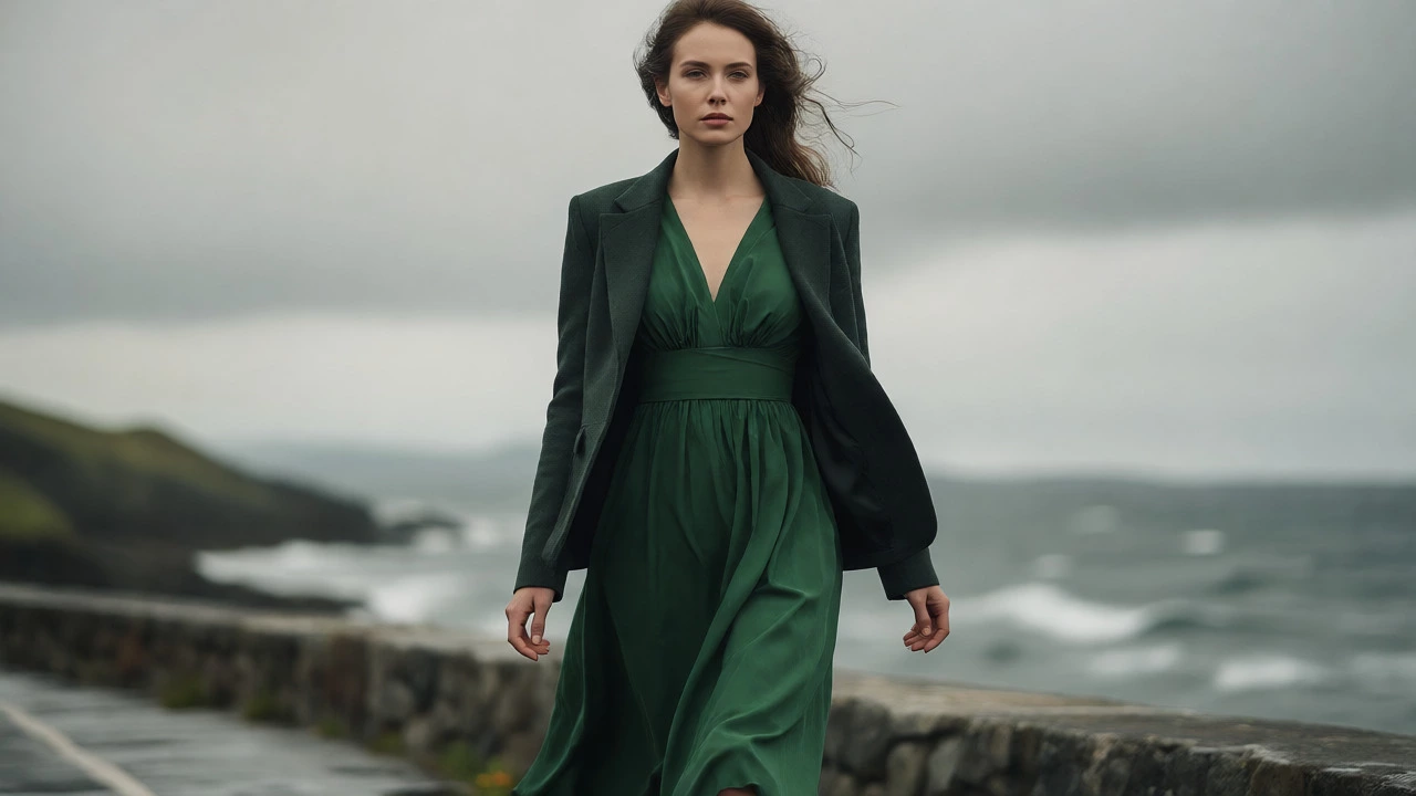 Confident woman in green empire-waist dress and blazer walking by Galway sea