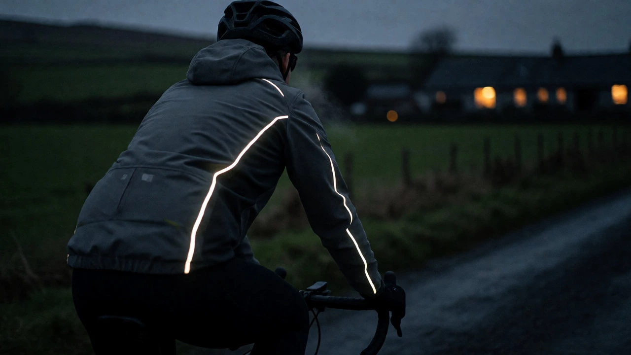 Cyclist in reflective tactical gear on rural road
