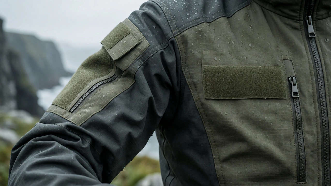 Detail of tactical jacket features with water beads