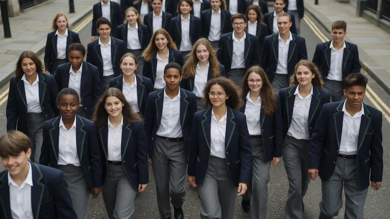 Diverse group of Irish students in matching uniforms walking together, symbolizing equality.
