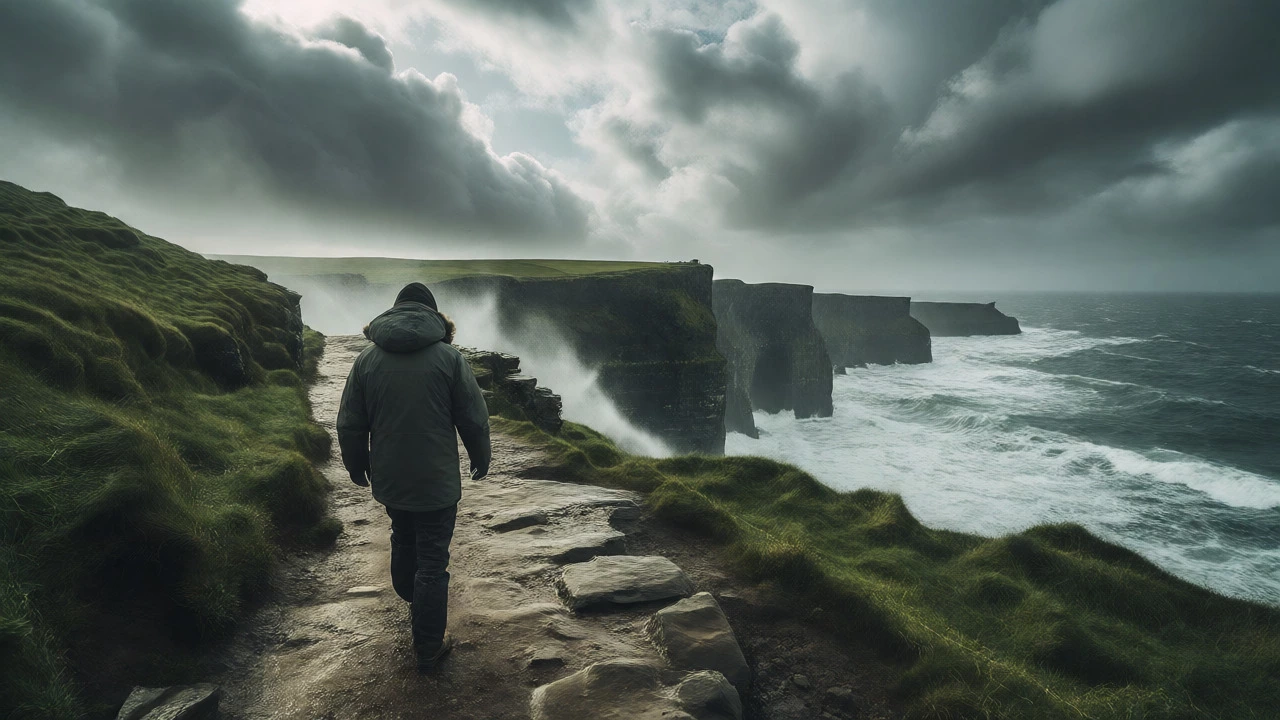 Figure in a parka walking along windy Cliffs of Moher