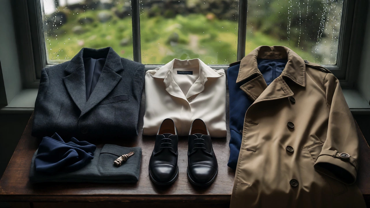 Flat lay of smart elegant clothing and accessories ready for Irish weather.