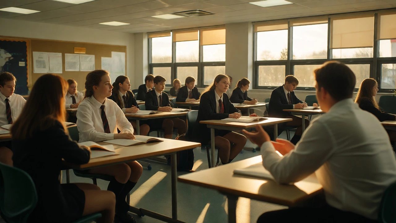 Focused students in uniforms participating in class, illustrating reduced distractions.