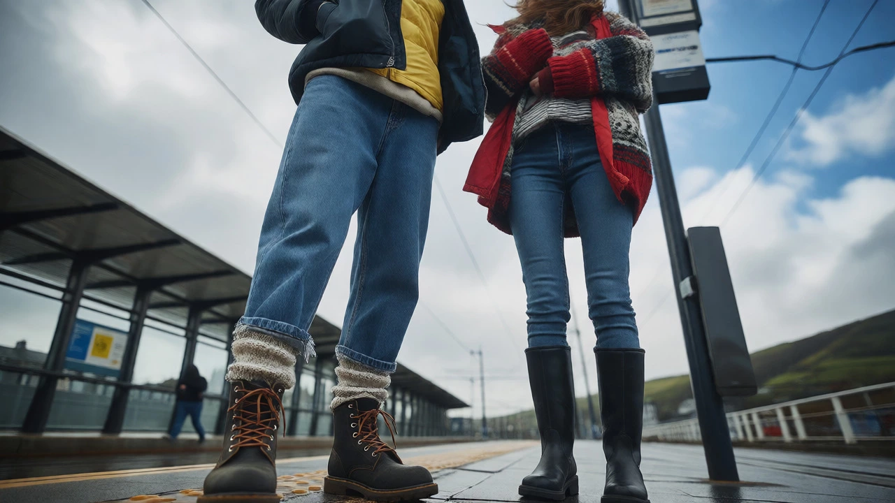 Friends at a Galway tram stop comparing practical wide-leg vs skinny jeans