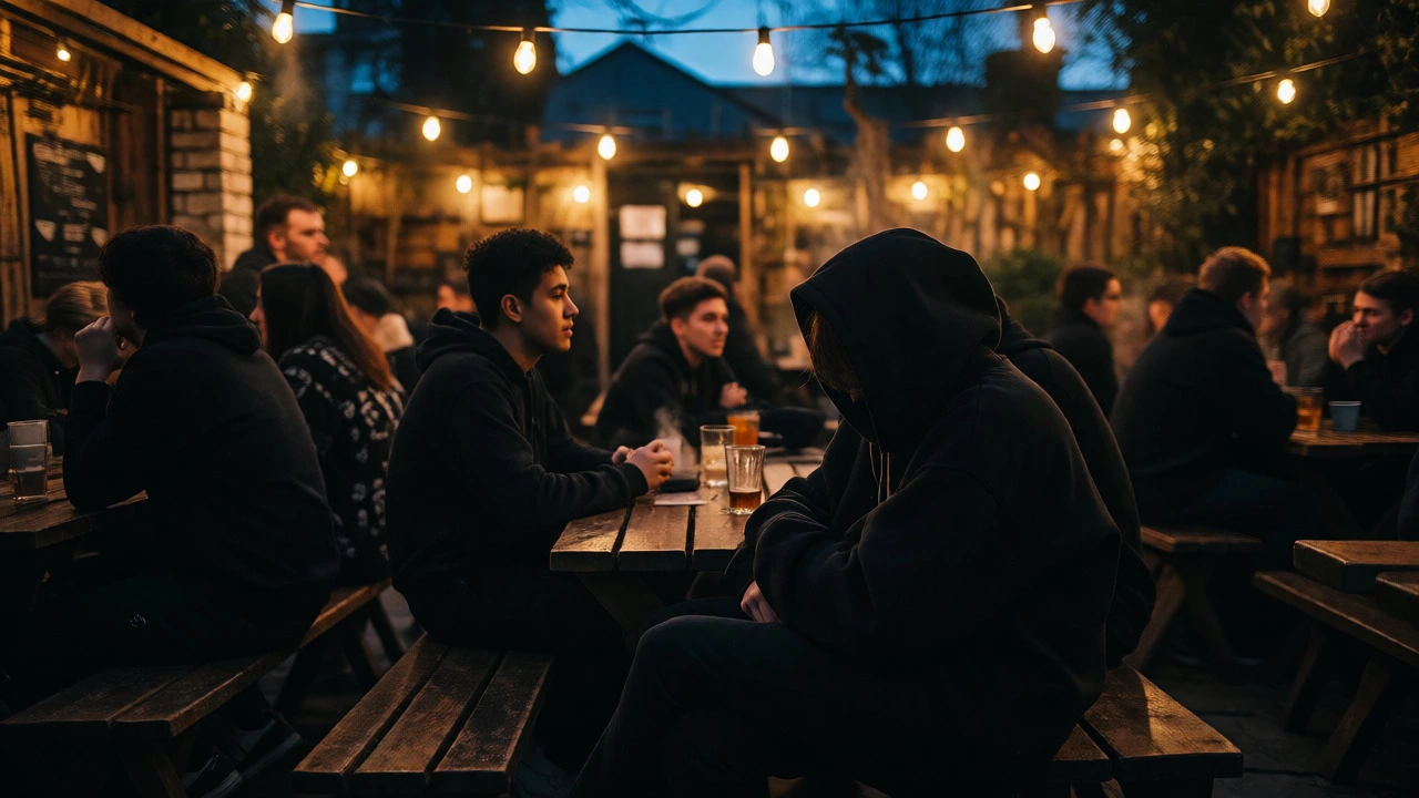 Group in black hoodies at Cork pub garden