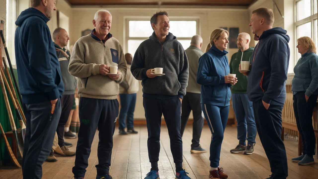 Group in GAA club house wearing mix of fleece tracksuits and modern joggers
