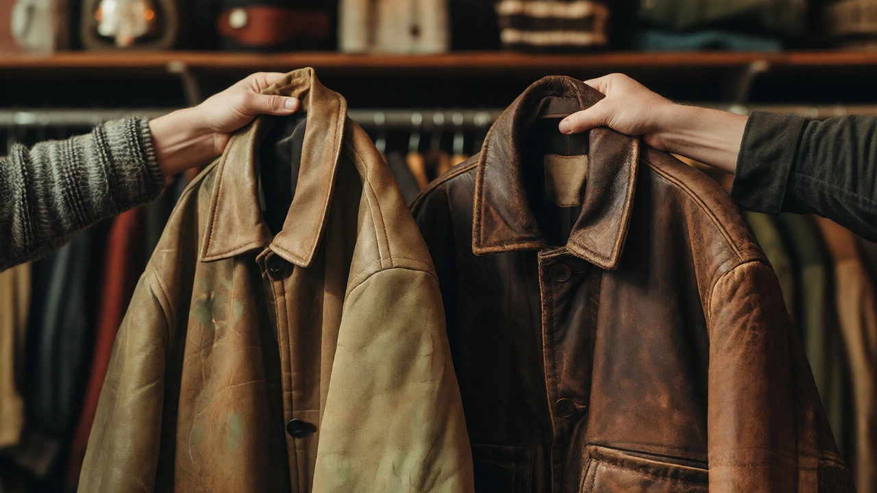Hands comparing a vegan leather jacket and a vintage brown goatskin jacket in a shop.