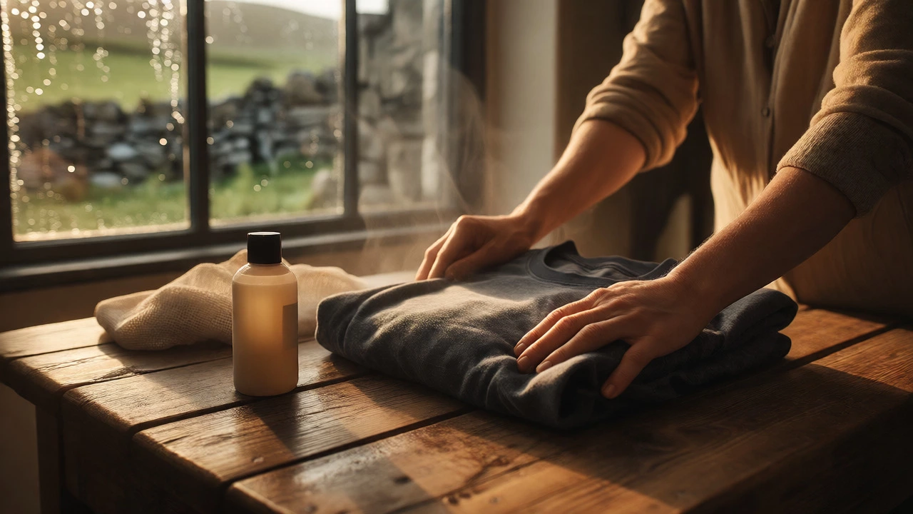 Hands folding a grey t-shirt near a rainy window in a Galway home