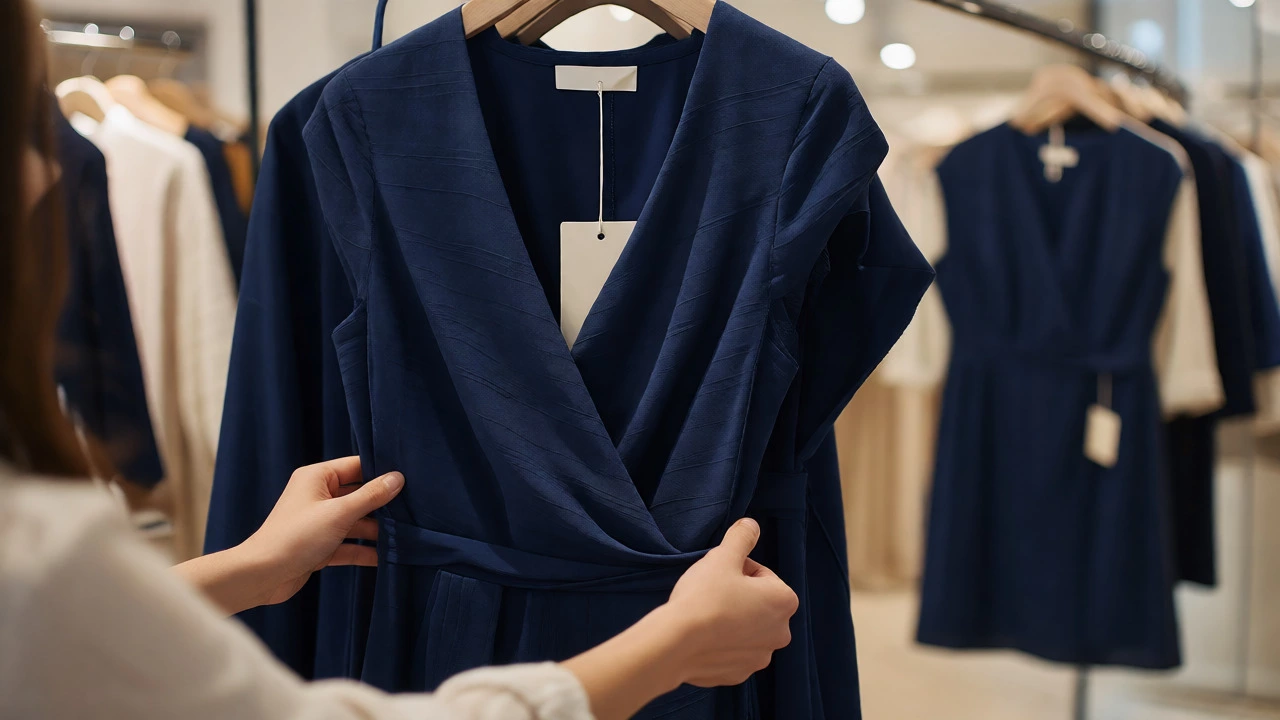 Hands selecting a flattering navy wrap dress in a Dublin clothing store