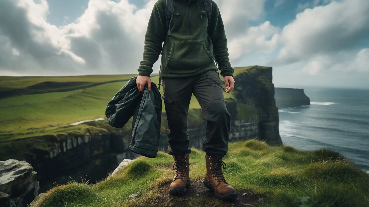 Hiker in green hoodie and boots on scenic Irish cliffside