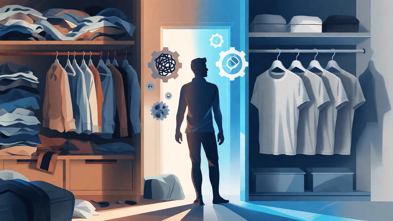 Illustration comparing a chaotic wardrobe with a minimalist grey shirt closet