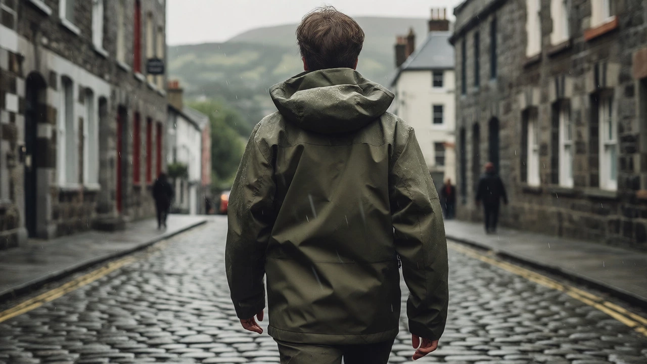 Individual wearing Fjällräven jacket walking in rainy Galway streets