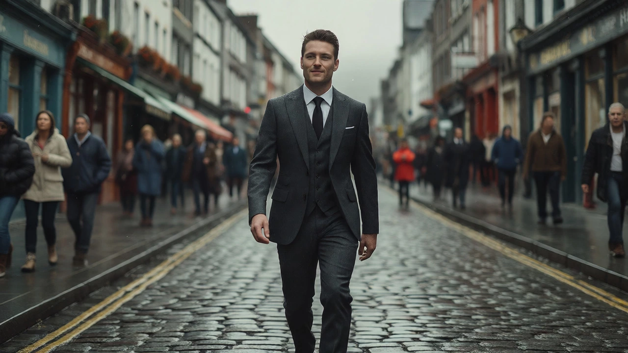 Irish man in a grey suit walking through rainy Galway streets