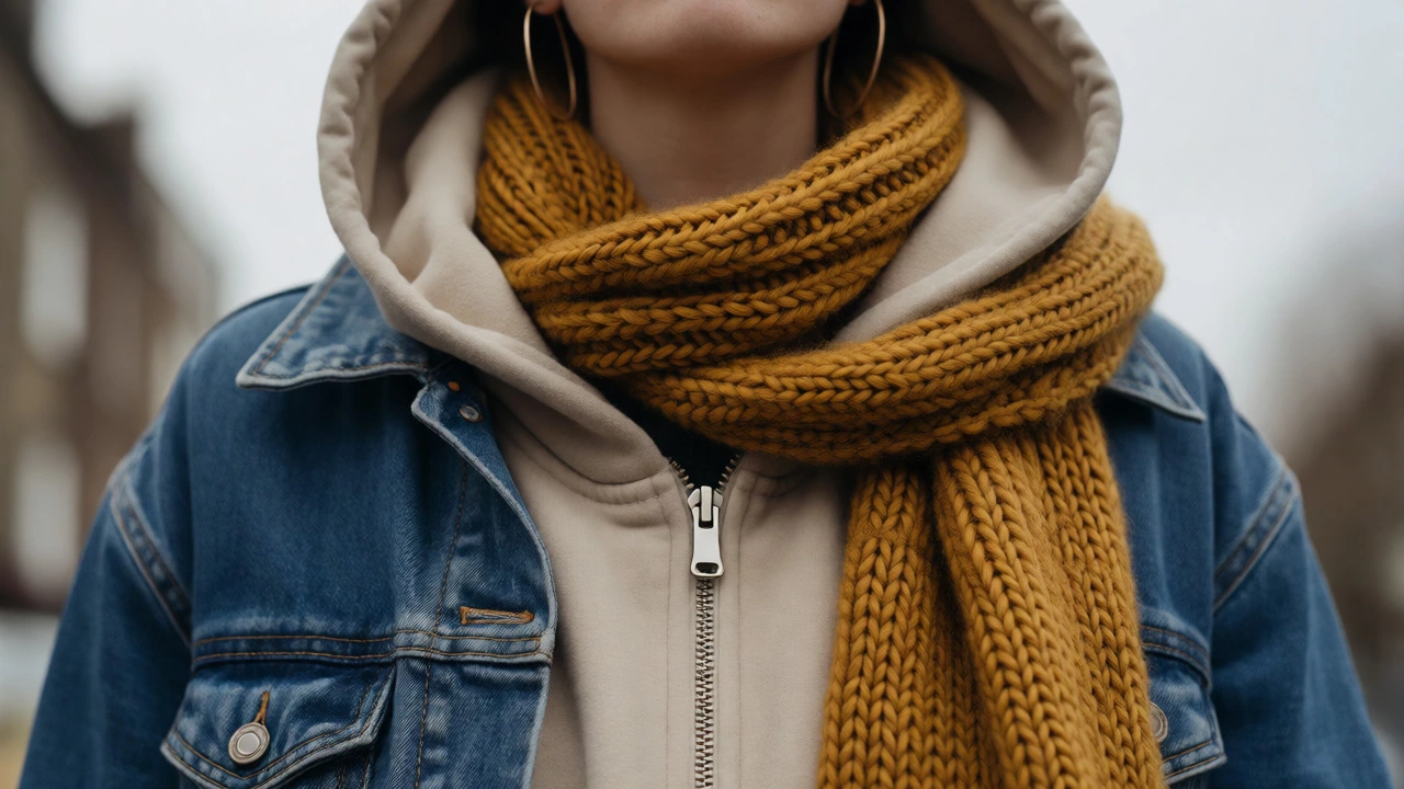 Layered outfit with denim jacket, hoodie, and yellow scarf close-up