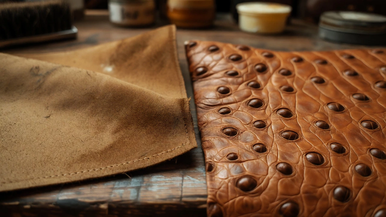 Macro shot comparing suede texture and ostrich leather follicles