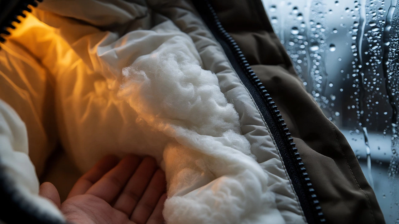Macro shot of down-filled parka detail near a rainy window